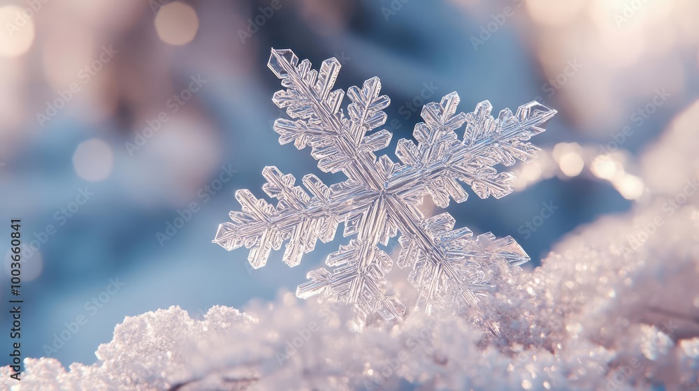 Poster beautiful snowflake resting on snow, showcasing intricate details and a magical winter atmosphere.
