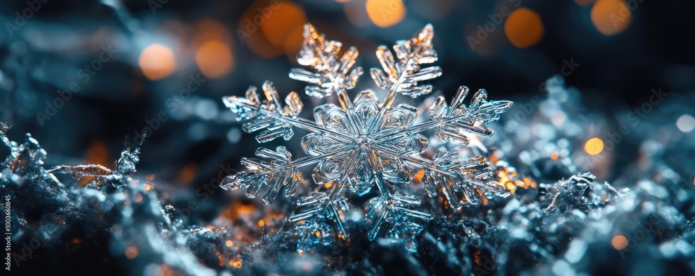 Aufkleber close-up of a beautiful snowflake resting on sparkling ice, showcasing intricate details and shimmer
