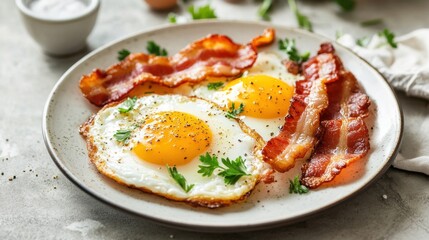 Photography of a delicious breakfast plate with perfectly cooked sunny-side-up eggs and crispy