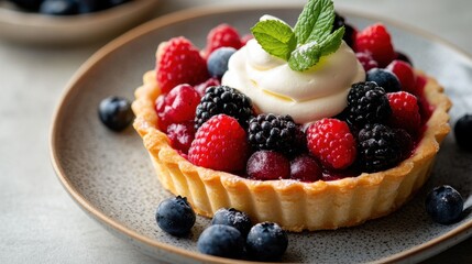 Photography of a fresh fruit tart topped with vibrant berries and a dollop of cream, captured