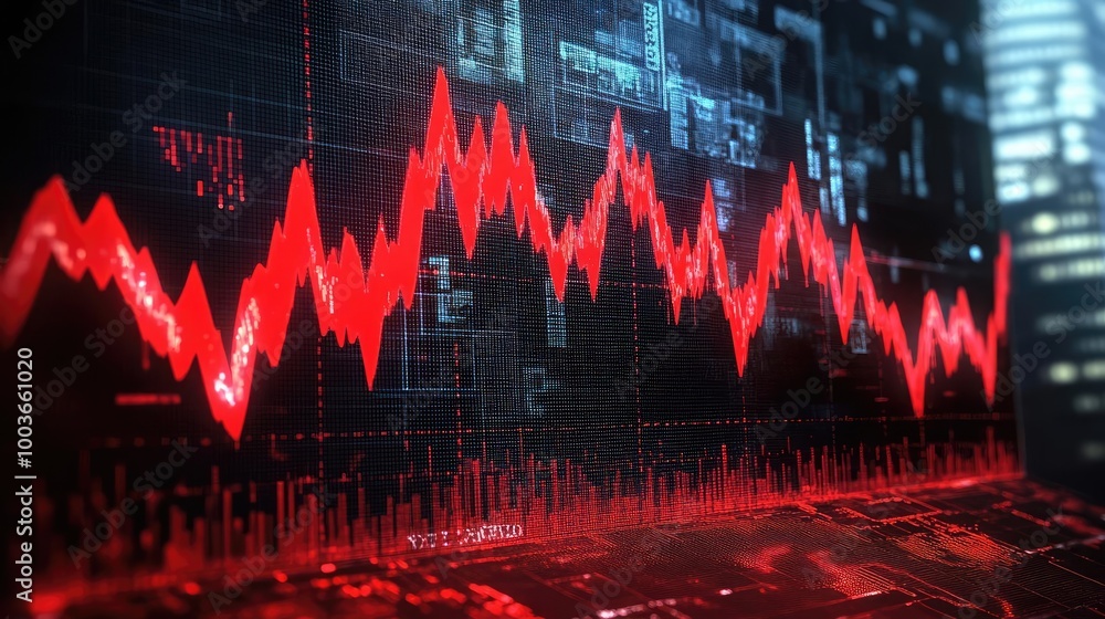 Poster Dynamic financial graph showing a downtrend in red, representing market analysis and stock performance in digital technology.