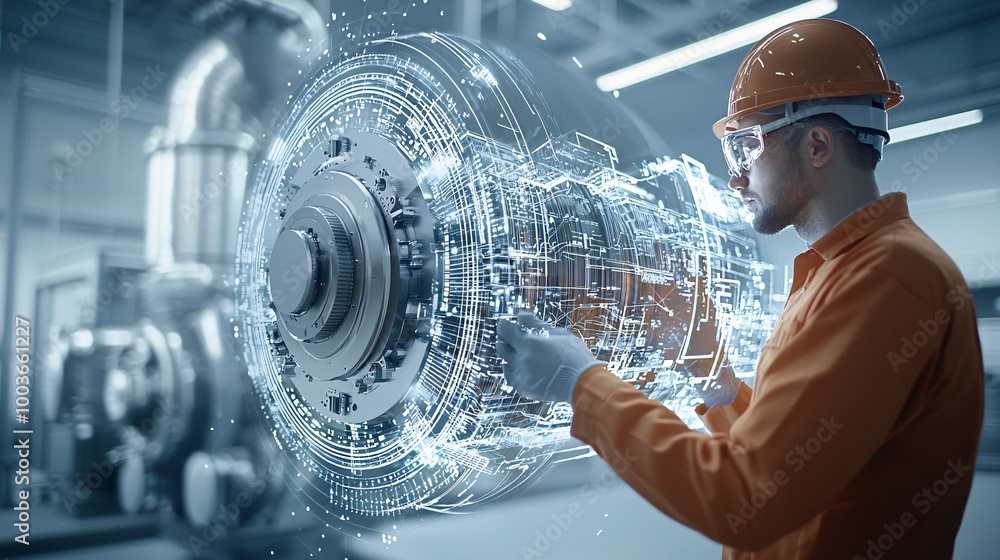 Poster an ai-powered predictive maintenance system in a high-tech industrial setting, symbolizing efficienc