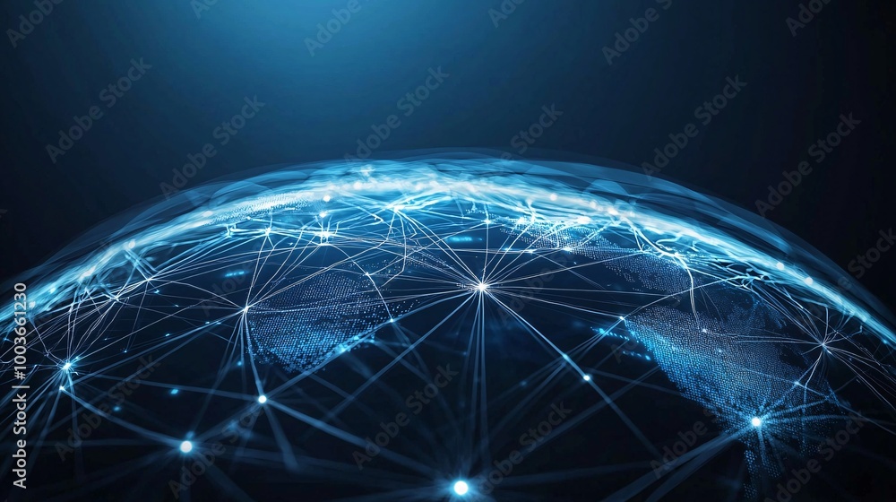 Poster a glowing ai-powered communication network visualized as a web of light across a digital globe, symb