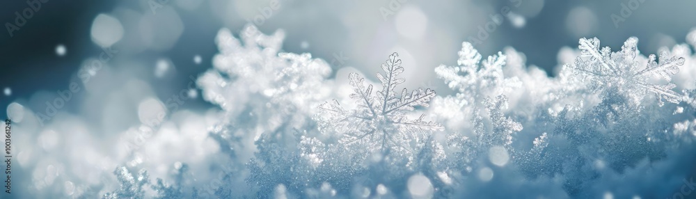 Poster A close-up view of delicate snowflakes showcasing intricate patterns and shimmering details against a soft blue background.