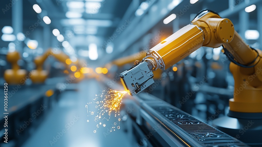Poster an ai-powered predictive maintenance system in a high-tech industrial setting, symbolizing efficienc