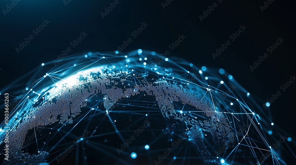 Poster a glowing ai-powered communication network visualized as a web of light across a digital globe, symb