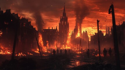 Fototapeta premium City in flames, with soldiersâ€™ ammunition hanging on poles, portraying the destruction of war. 