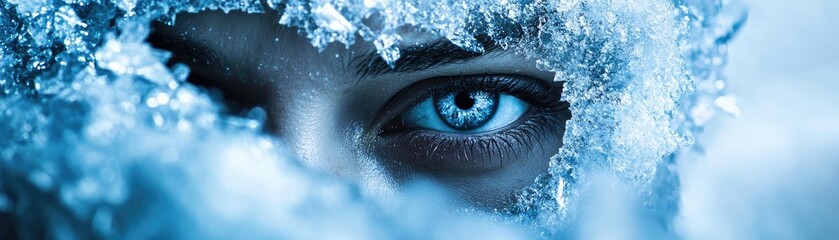 Close-up of a striking blue eye partially obscured by frost, capturing an ethereal winter essence and a sense of mystery.