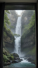 a picture of a waterfall seen through a window