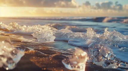A beach where the waves freeze mid-motion, creating surreal, crystalline shapes