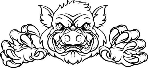 A wild boar, hog razorback warthog pig mean tough cartoon sports mascot