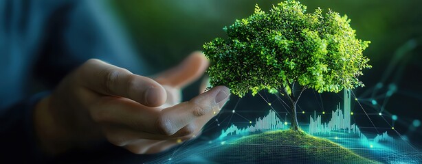 A tree man is touching a growth graph radar chart on a virtual screen, depicting a business plan, financial market, and stock prices going up