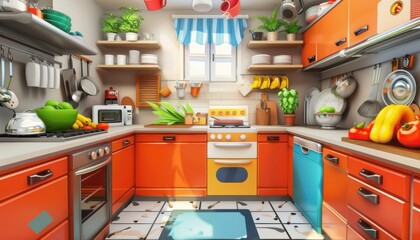 An orange kitchen realistic game, illustration