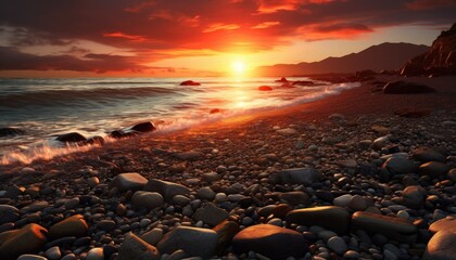 Obraz premium Sunset view on the beach full of pebbles