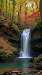 painting of a waterfall in a forest with a red leafed tree
