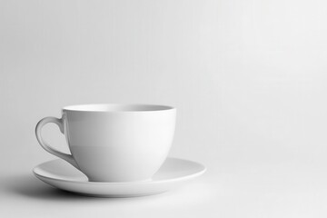White cup and saucer on a light background, minimalistic design.