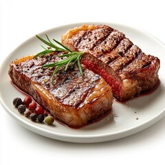 Striploin steak on a plate, isolated on a white background, beautifully presented and mouth-watering.