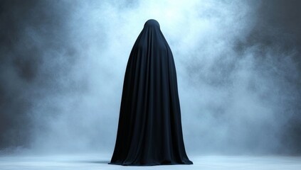 Muslim Woman in Hijab and Long Dress Against a Foggy Background