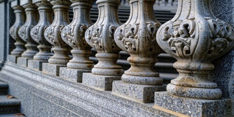 Fototapeta premium Detailed view of ornate stone staircase balusters showcasing time-honored design and fine craftsmanship.