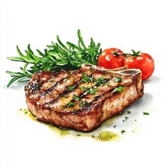 Watercolor-style pork steak, isolated on a white background, soft and inviting in its presentation.