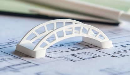 White Paper Model of a Bridge on Blueprint Background