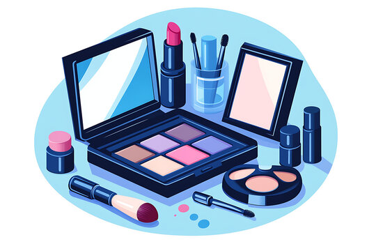 makeup set, blue, pink, black, isometric style clip art preview