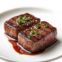 Oozing sauce over the Wagyu steak, isolated on a white background, tantalizing and mouthwatering.