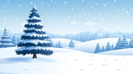 Obraz premium A peaceful winter landscape showcases tall evergreen trees blanketed in fresh snow, surrounded by rolling hills. Soft snowflakes gently fall, creating a magical atmosphere
