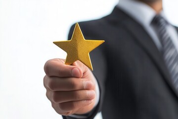 Businessman holding a golden star award, white isolate background