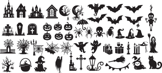 Fototapeta premium Big Set of Horror Halloween Silhouettes Icon Vector illustration on a white Background.