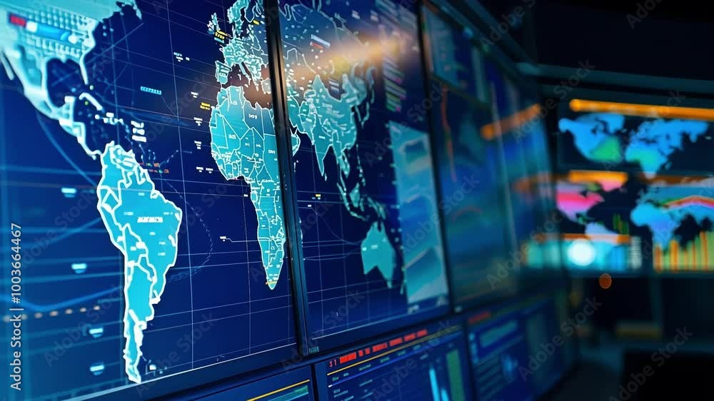 Poster multiple screens displaying a world map with highlighted areas, suggesting a high tech surveillance 