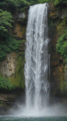 Obraz premium a man standing in front of a waterfall with a surfboard