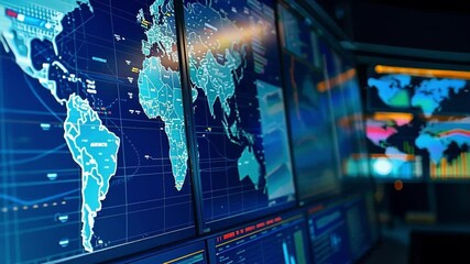 Multiple screens displaying a world map with highlighted areas, suggesting a high tech surveillance center ensuring global safety and security - Powered by Adobe