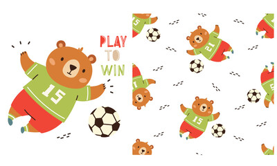 Fototapeta premium A set of vector prints for printing on children's products. Seamless vector pattern on white background on sports theme. Cute bear playing soccer. Prints in children's style . Vector illustration