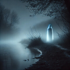 silhouette of a person in the night "Ghostly Presence in a side of river 