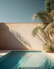 Summer Tropical concept background with empty wall pool water and palm shadow.Luxury hotel resort scene mockup template.Copy space for text.Generative AI