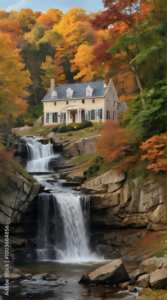 Wall mural painting of a house and waterfall in a wooded area with fall foliage