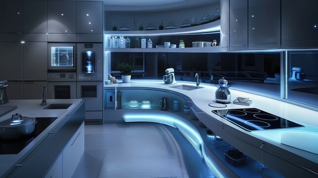 A modern kitchen with futuristic gadgets and appliances 