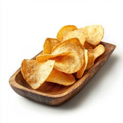Fototapeta premium Crisps on a wooden tray, isolated on a white background, evoking a casual and rustic feel.