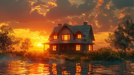 Obraz premium The house is surrounded by a lots of money and natural on the orange sky.-3d rendering.