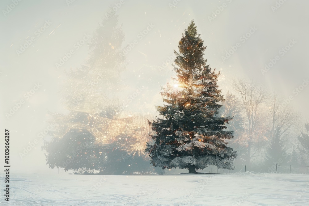 Poster a snow covered tree stands in a field with a cloudy sky in the background. the scene is peaceful and