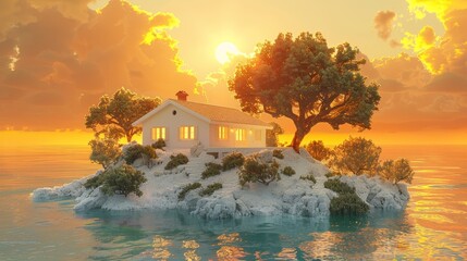 The house is surrounded by a lots of money and natural on the orange sky.-3d rendering.