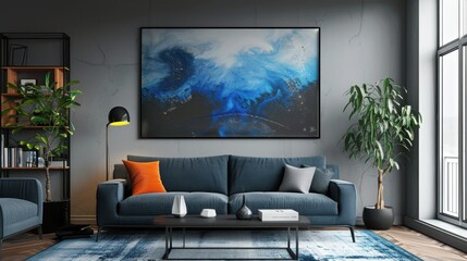 A living room, mockup poster floating canvas 
