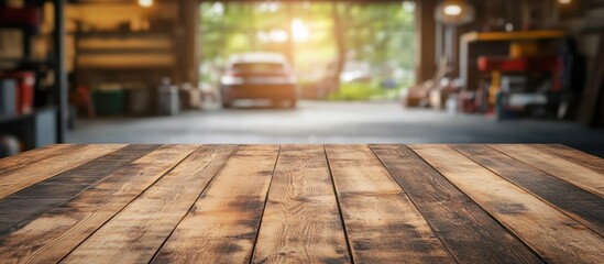 Wooden table top with blurred garage background.