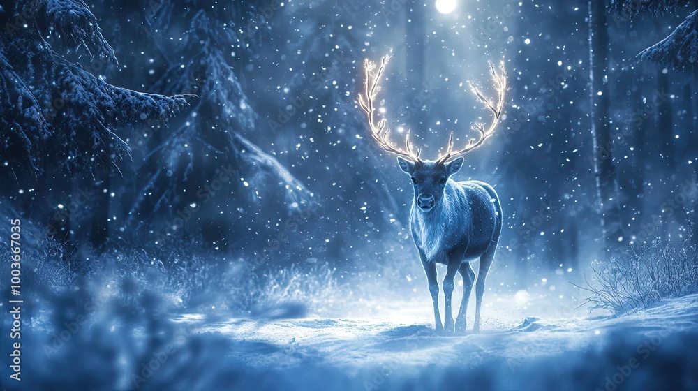 Poster a majestic deer with glowing antlers stands in a snowy forest, illuminated by ethereal light, creati