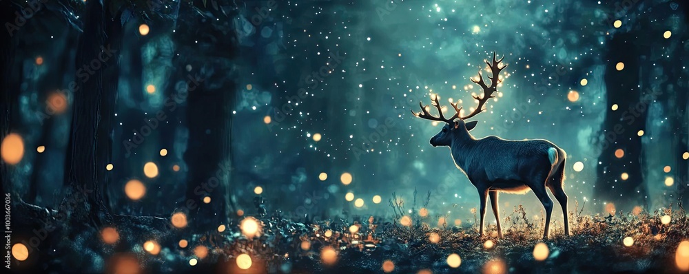Poster a majestic deer stands in a mystical forest, adorned with soft glowing lights, surrounded by a seren