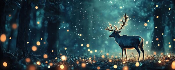 A majestic deer stands in a mystical forest, adorned with soft glowing lights, surrounded by a serene atmosphere and enchanting ambiance.
