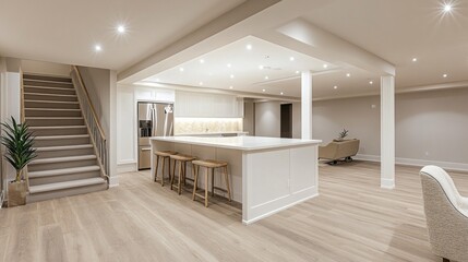 Fototapeta premium A large open kitchen with a white island and a white refrigerator