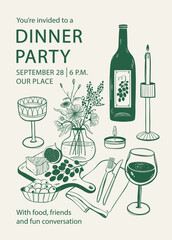 Dinner party invitation. Table served and decorated with flowers and candles.