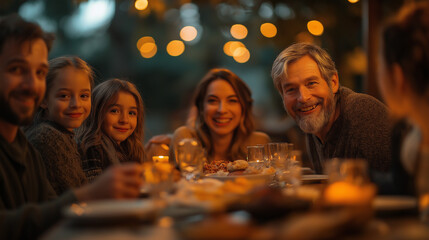 Family gathering with warm smiles and shared meal, joyful conversations and multigenerational interaction creating a festive atmosphere.